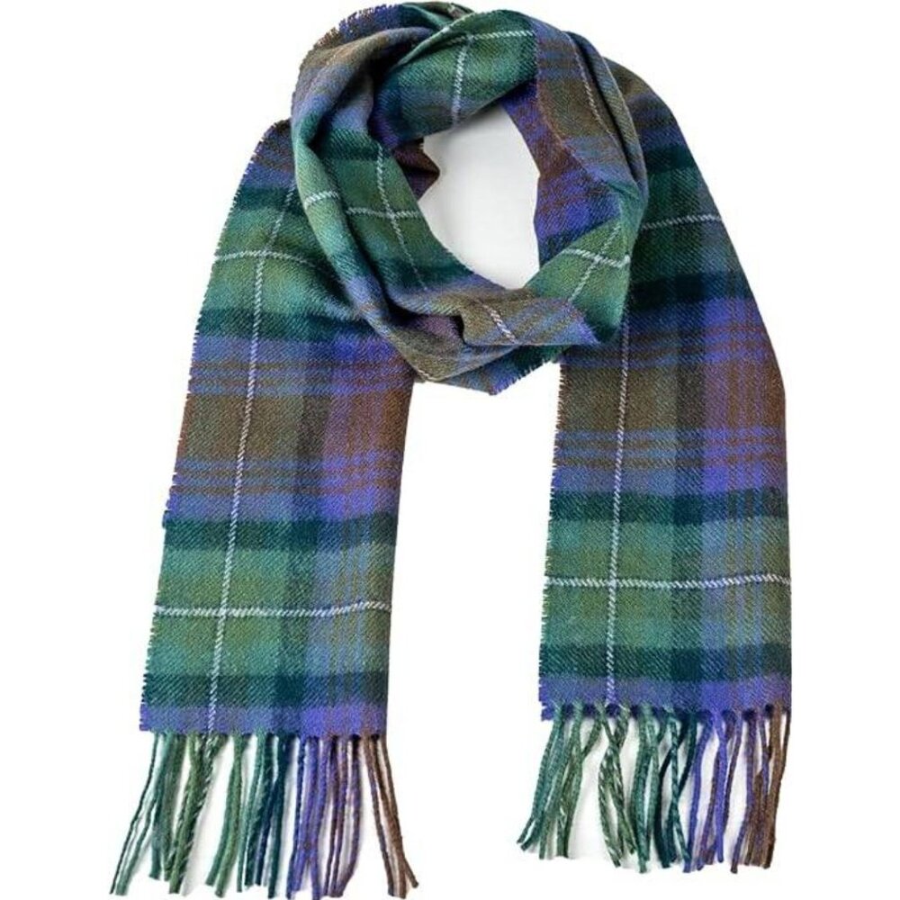 Scottish Briomhar Tartan Lambswool Scarf With Fringe Green Purple Winter